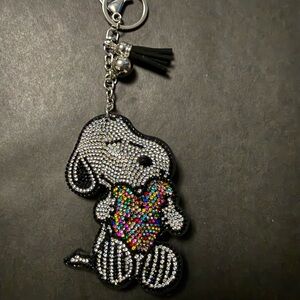 Black Rhinestone Snoopy-Style Dog Keychain with Multicolor Heart